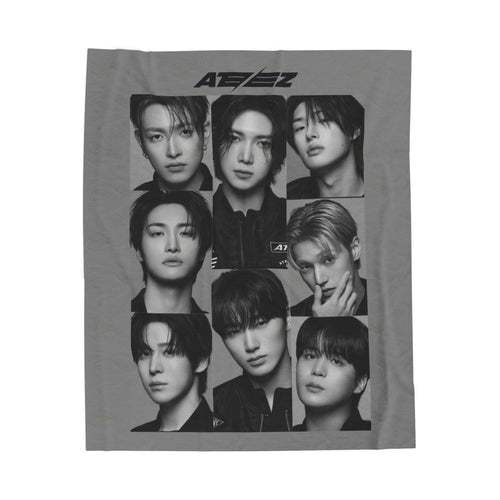 Ateez Inspired Group Photo Grayscale Velveteen Plush Blanket