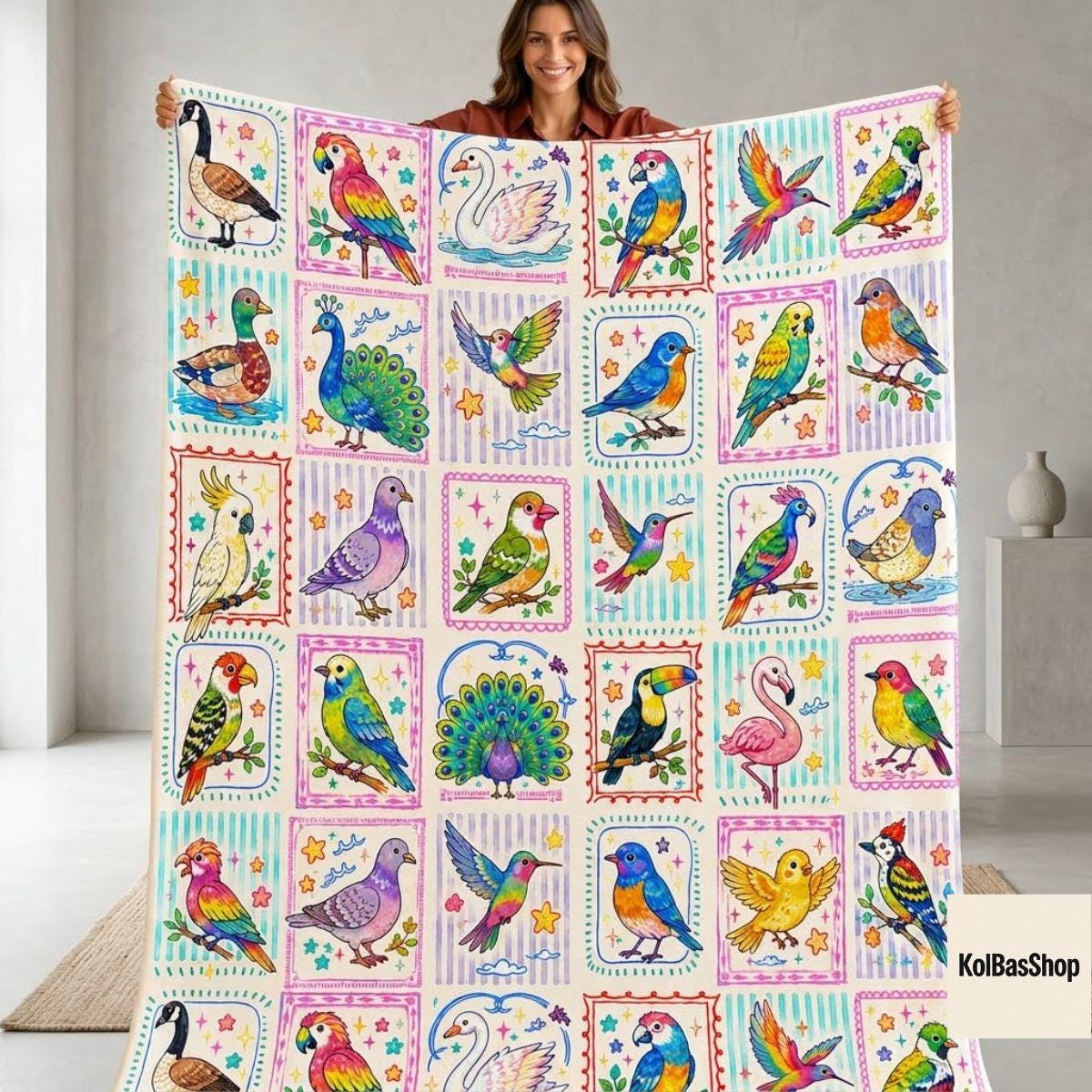 Watercolor Birds Fleece Blanket, Cute Avian Pattern Throw, Nature Lover Gift, Cottagecore Birdwatching Home Decor for Her