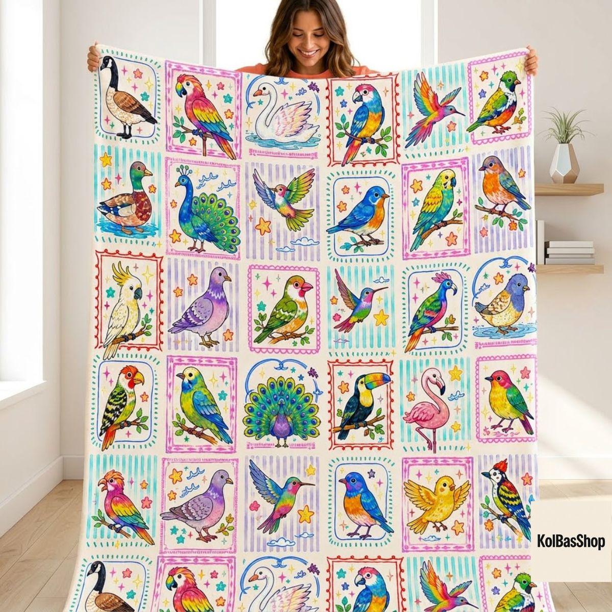 Watercolor Birds Fleece Blanket, Cute Avian Pattern Throw, Nature Lover Gift, Cottagecore Birdwatching Home Decor for Her