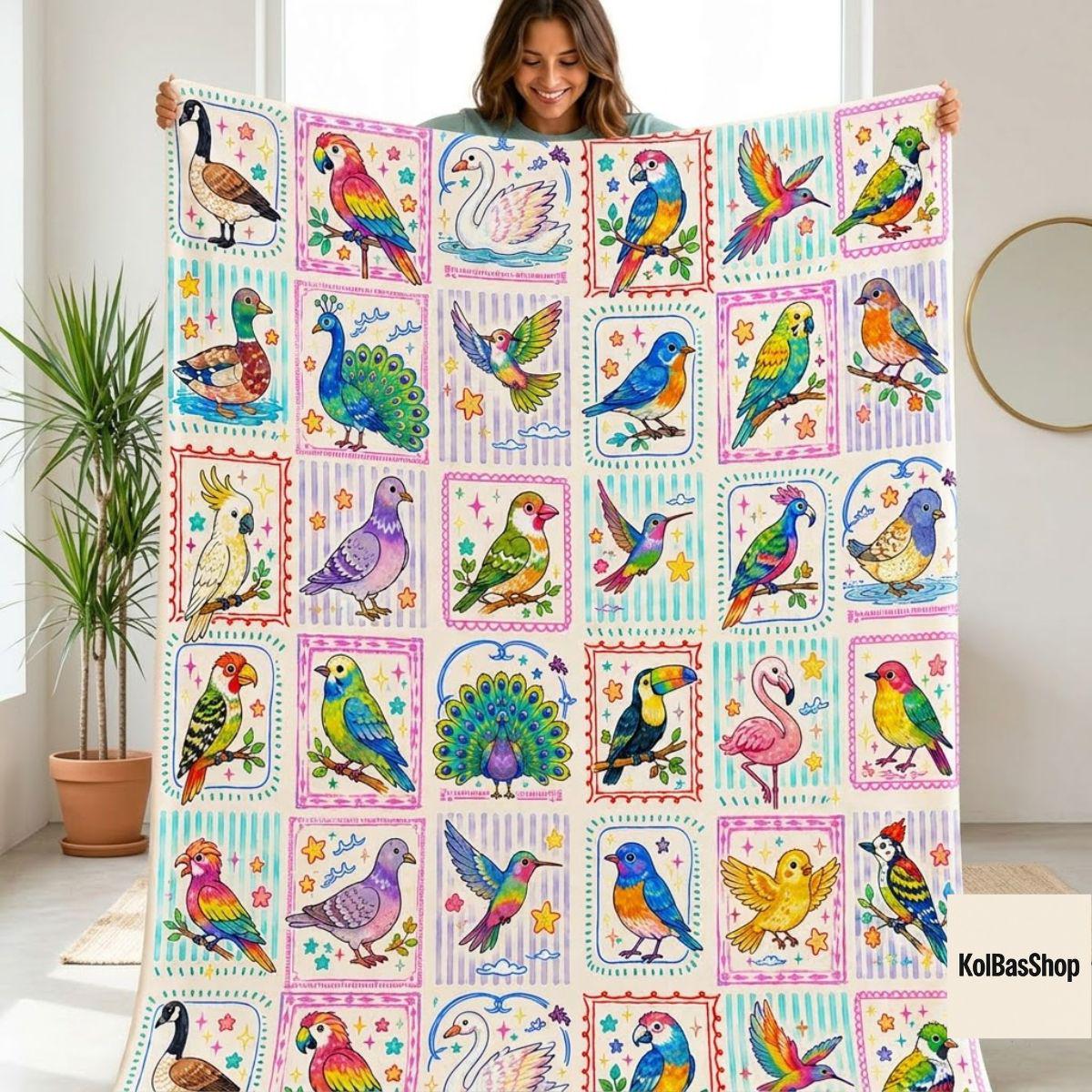 Watercolor Birds Fleece Blanket, Cute Avian Pattern Throw, Nature Lover Gift, Cottagecore Birdwatching Home Decor for Her