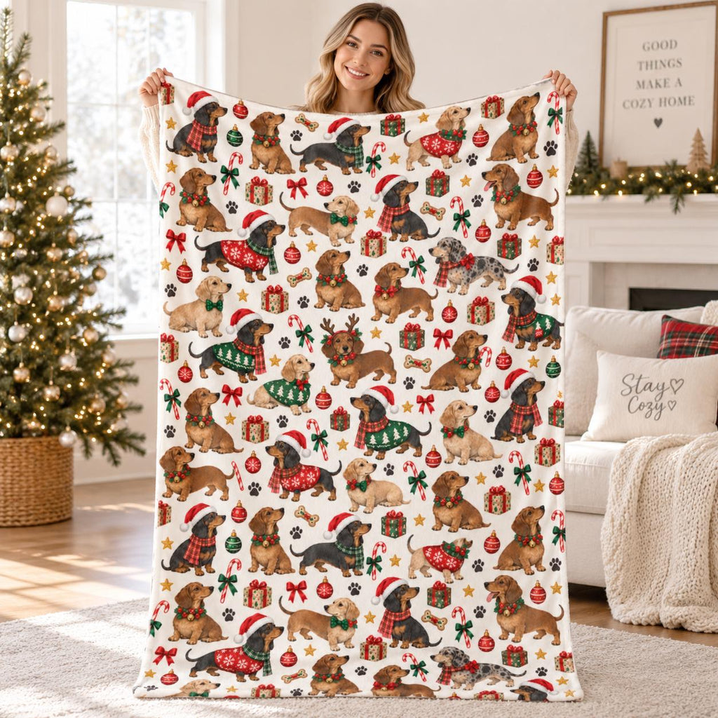Christmas Wiener Dog Blanket, Cute Dachshund Throw Blanket, Holiday Doxie Plush Blanket, Sausage Dog Xmas Gift, Dachshund Lover Decor Home