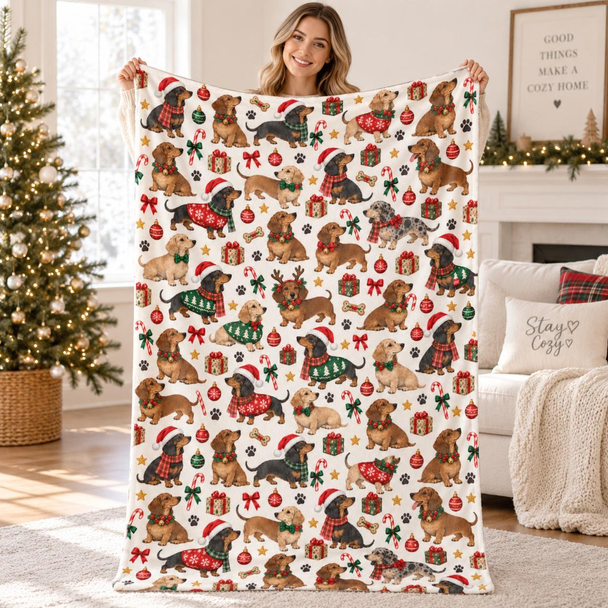 Christmas Wiener Dog Blanket, Cute Dachshund Throw Blanket, Holiday Doxie Plush Blanket, Sausage Dog Xmas Gift, Dachshund Lover Decor Home