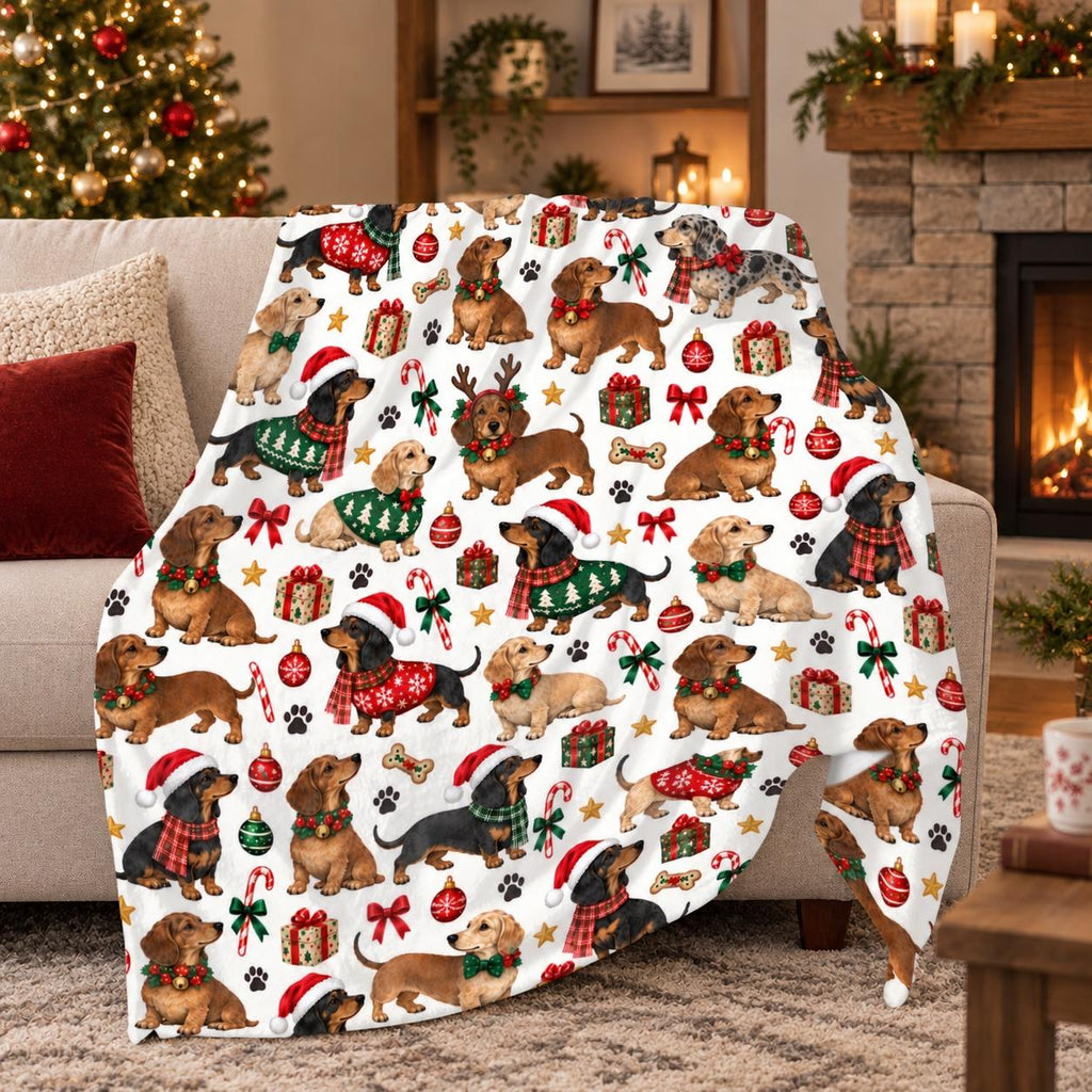 Christmas Wiener Dog Blanket, Cute Dachshund Throw Blanket, Holiday Doxie Plush Blanket, Sausage Dog Xmas Gift, Dachshund Lover Decor Home