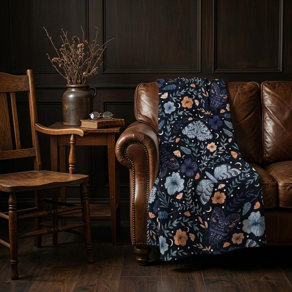 Dark Cottagecore Lover Blanket, Navy Moth Floral Throw, Mystical Night Flannel, Cozy Home Decor, Gift for Nature Lover