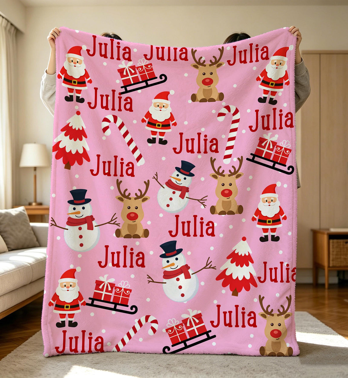 Personalized Christmas Flannel Blanket for Kids,Custom Santa Reindeer Snowman Name Blanket,Xmas Throw,Christmas Swaddle Blanket,Kid Newborn