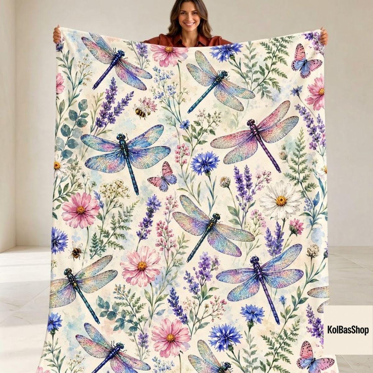 Wildflower Dragonfly Blanket, Lavender Floral Garden Throw, Cottagecore Wildflower Butterfly Fleece Blanket, Gift for Mom and Nature Lover