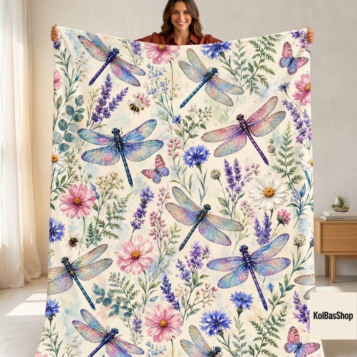 Wildflower Dragonfly Blanket, Lavender Floral Garden Throw, Cottagecore Wildflower Butterfly Fleece Blanket, Gift for Mom and Nature Lover