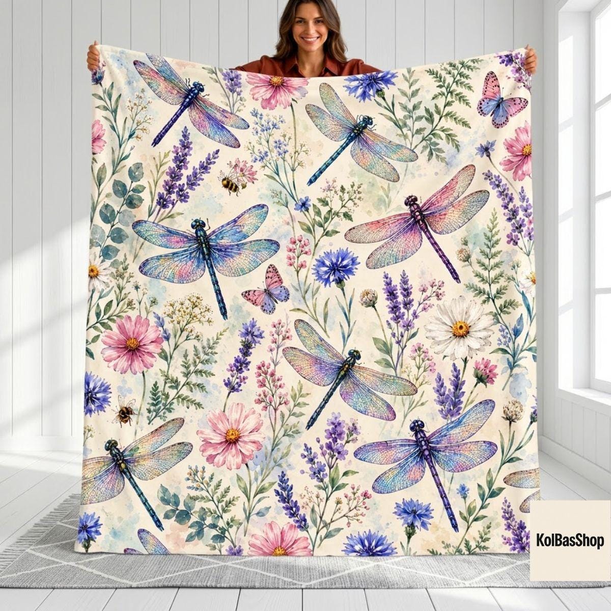 Wildflower Dragonfly Blanket, Lavender Floral Garden Throw, Cottagecore Wildflower Butterfly Fleece Blanket, Gift for Mom and Nature Lover