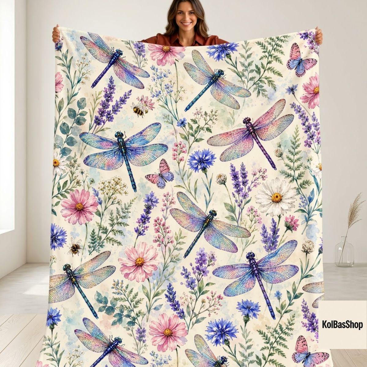 Wildflower Dragonfly Blanket, Lavender Floral Garden Throw, Cottagecore Wildflower Butterfly Fleece Blanket, Gift for Mom and Nature Lover