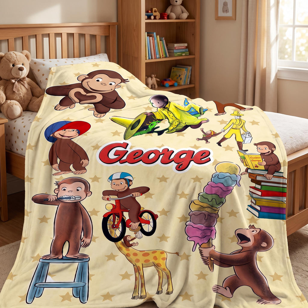 Personalized Monkey Kids Blanket, Custom Playful Cartoon Animal Throw, Nursery Bedding for Boys and Girls, Toddler Shower Gift