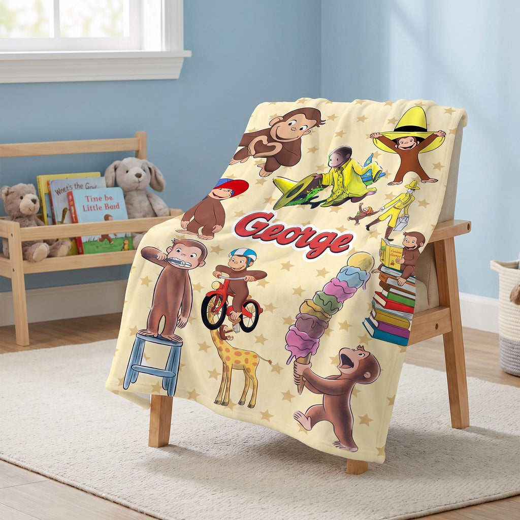 Personalized Monkey Kids Blanket, Custom Playful Cartoon Animal Throw, Nursery Bedding for Boys and Girls, Toddler Shower Gift