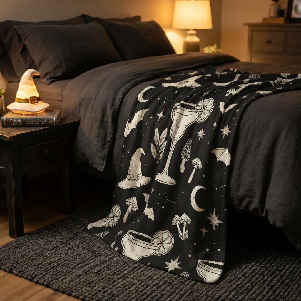 Midnight Margaritas Blanket, Cocktail Mushroom Throw, Black White Flannel, Cozy Halloween Decor, Gift for Witchy Lover