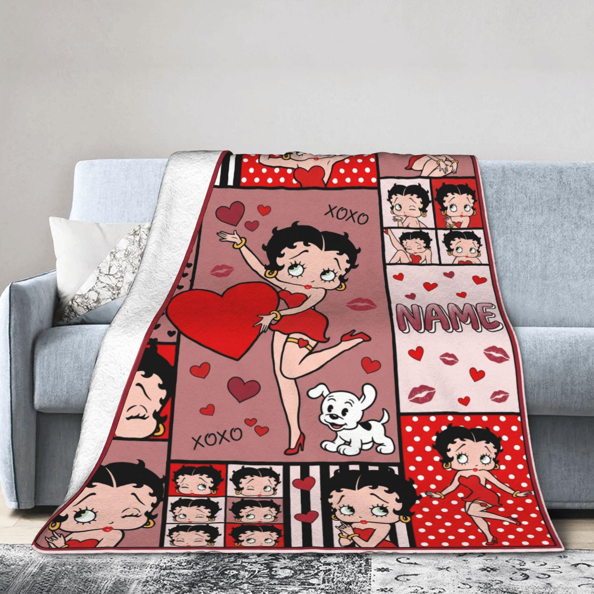 Personalized Betty Boop Sweet Heart Flannel Fleece Blanket, Custom Retro Throw Blanket, Cute Birthday Gift for Her Women Mom Sister
