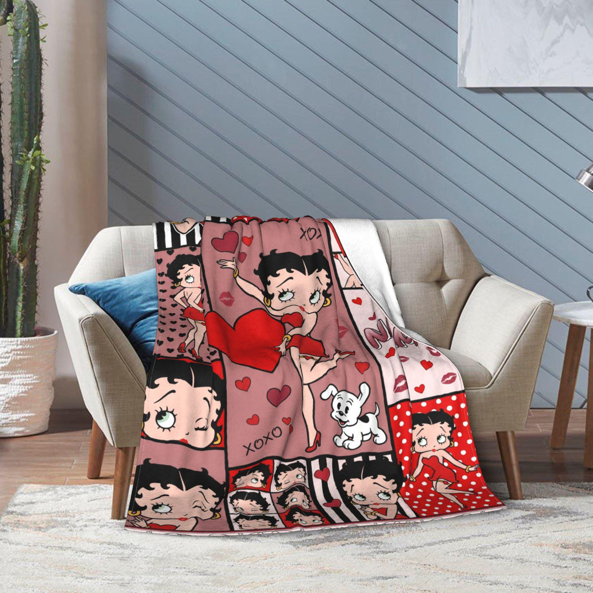 Personalized Betty Boop Sweet Heart Flannel Fleece Blanket, Custom Retro Throw Blanket, Cute Birthday Gift for Her Women Mom Sister