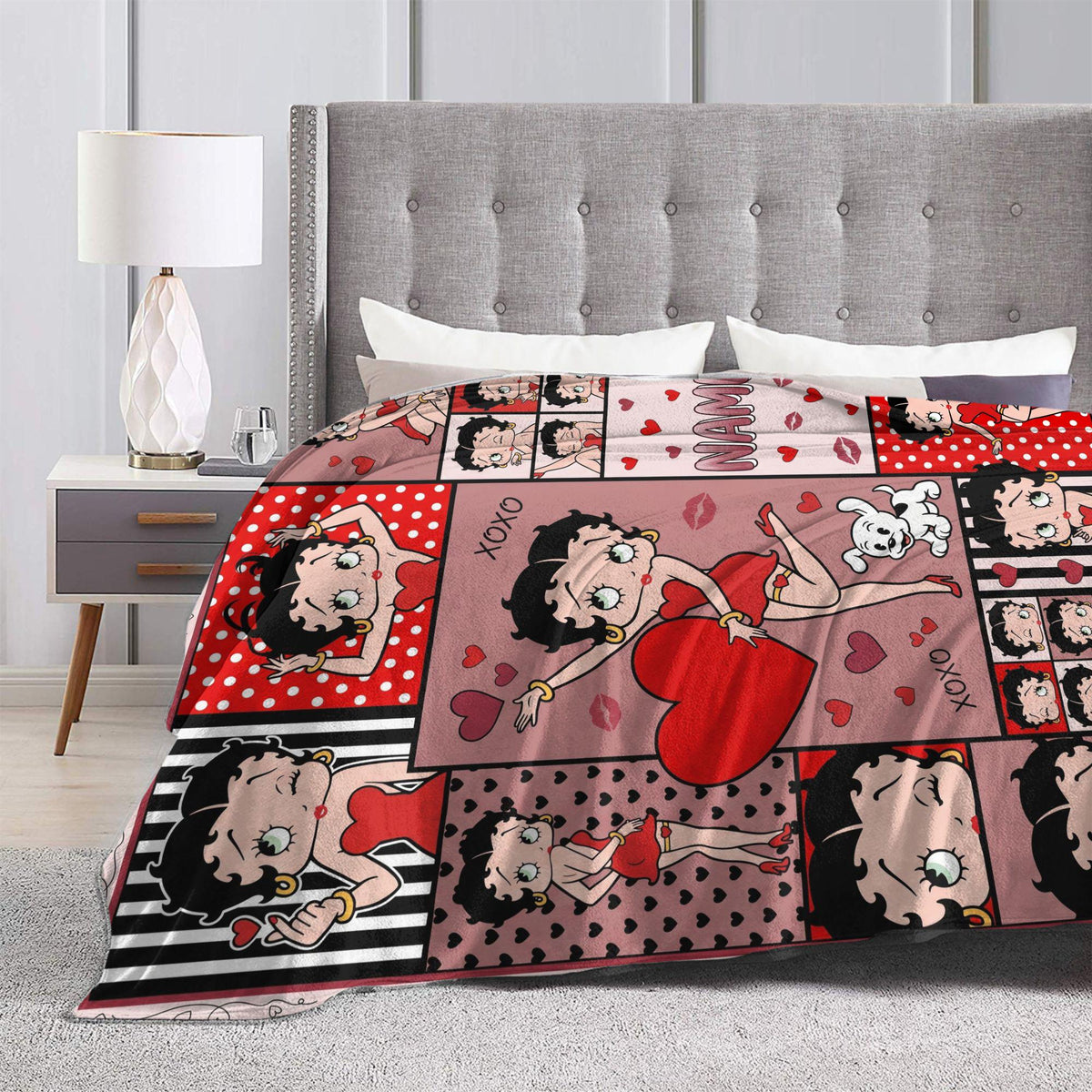 Personalized Betty Boop Sweet Heart Flannel Fleece Blanket, Custom Retro Throw Blanket, Cute Birthday Gift for Her Women Mom Sister