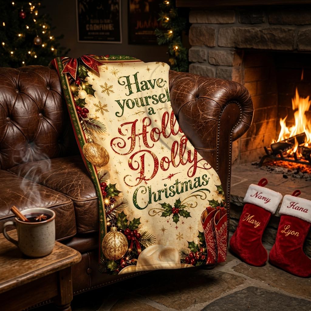 Holly Dolly Xmas Blanket, Have Yourself a Merry Throw, Classic Country Flannel, Warm Holiday Decor, Gift for Family