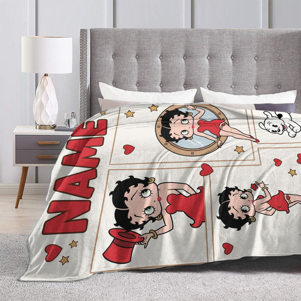 Custom Betty Boop Comic Panel Red Dress Blanket, Personalized Vintage Flannel Throw, Cute Birthday Gift for Her Women Mom Sister