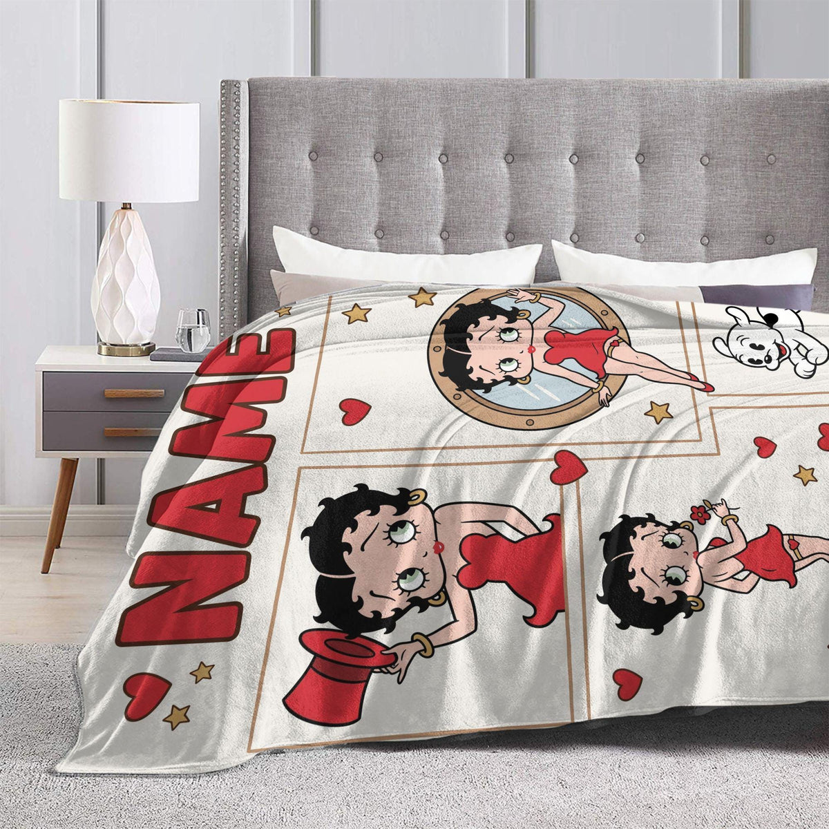 Custom Betty Boop Comic Panel Red Dress Blanket, Personalized Vintage Flannel Throw, Cute Birthday Gift for Her Women Mom Sister