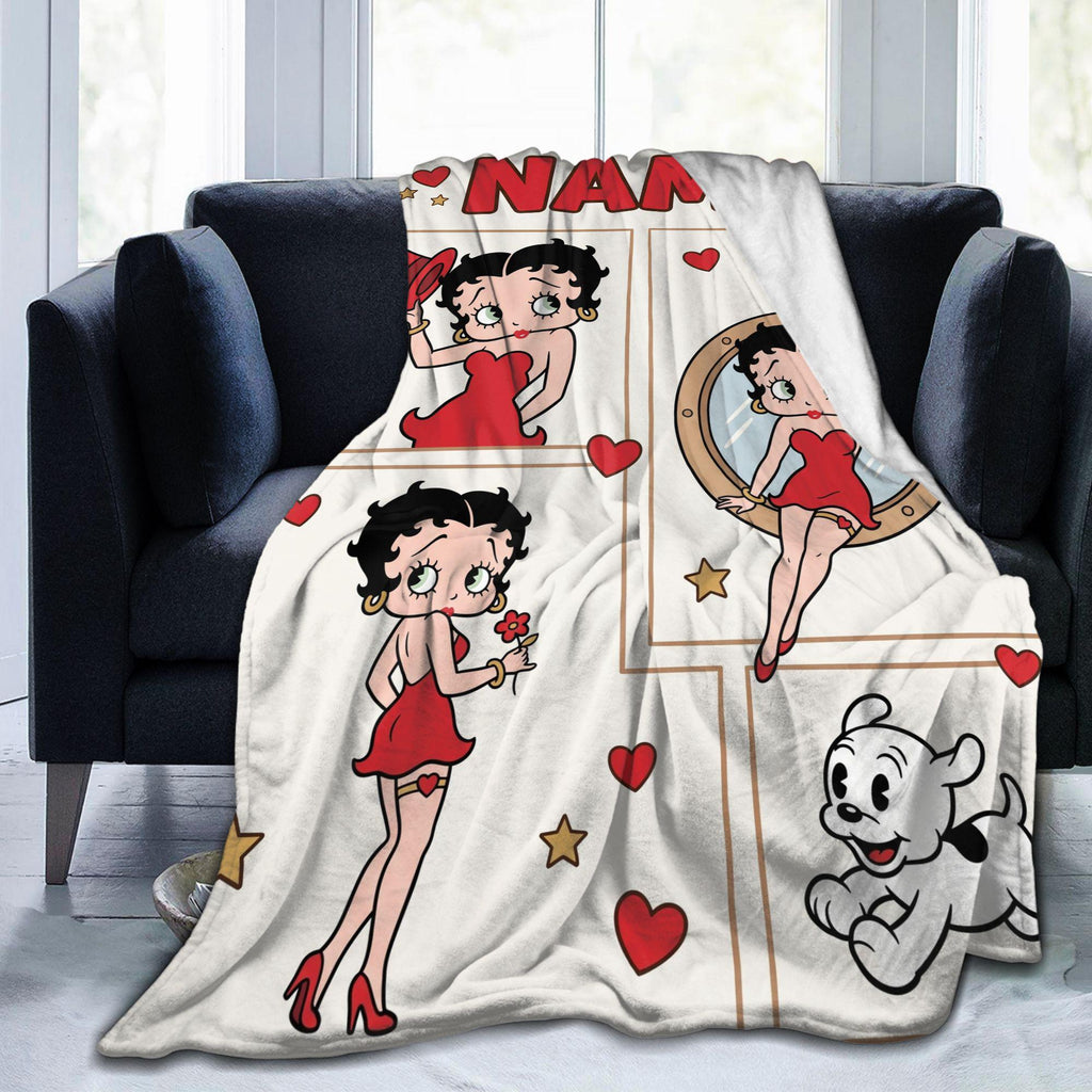 Custom Betty Boop Comic Panel Red Dress Blanket, Personalized Vintage Flannel Throw, Cute Birthday Gift for Her Women Mom Sister