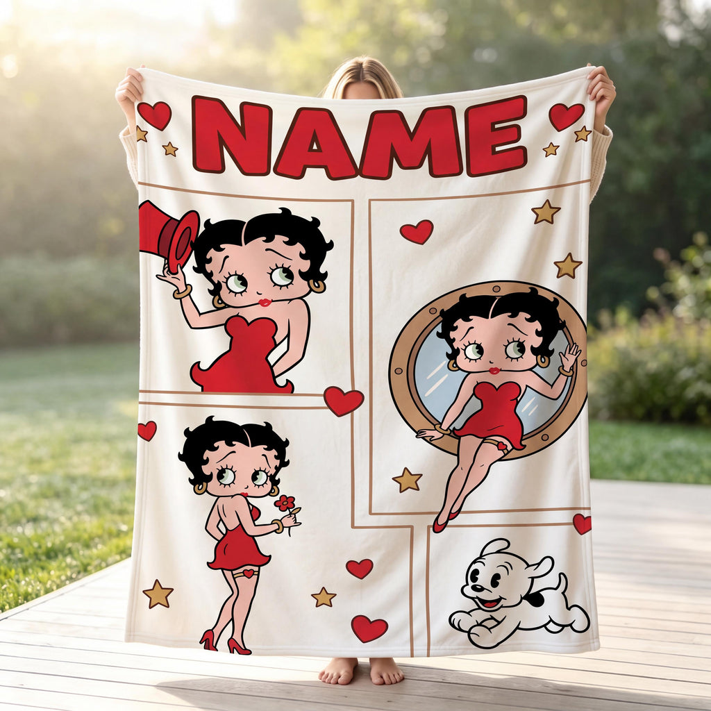 Custom Betty Boop Comic Panel Red Dress Blanket, Personalized Vintage Flannel Throw, Cute Birthday Gift for Her Women Mom Sister