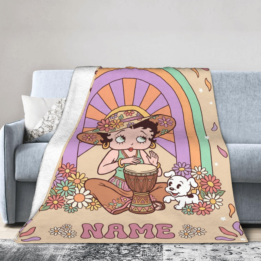 Customizable Betty Boop Boho Rainbow Flannel Blanket, Personalized Retro Throw, Cozy Birthday Gift for Her Women Mom Sister