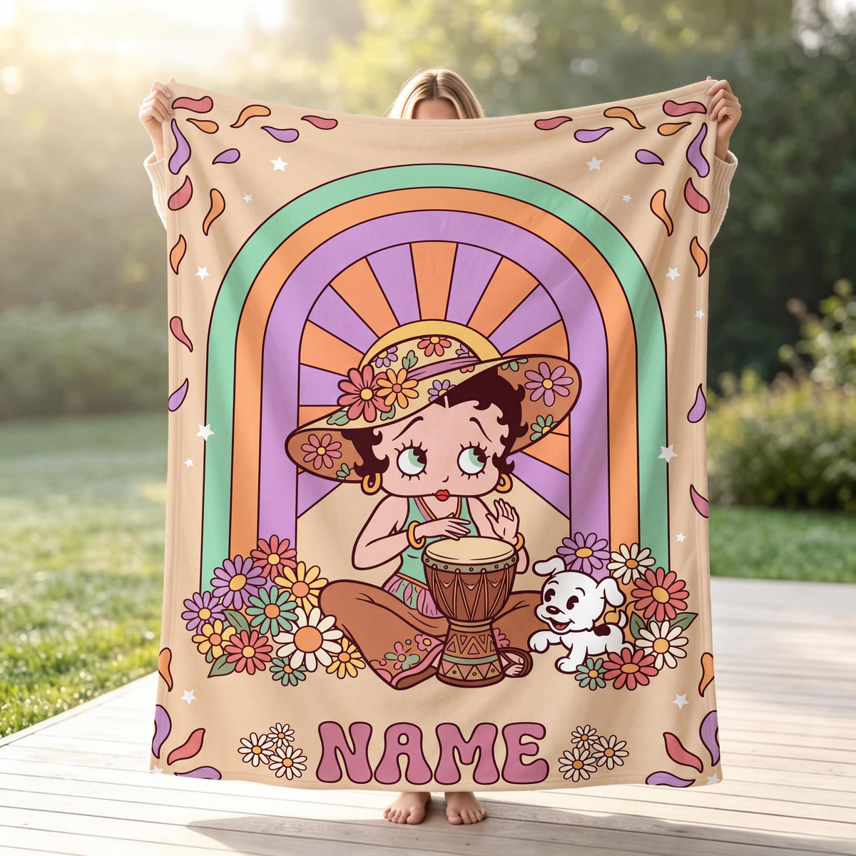 Customizable Betty Boop Boho Rainbow Flannel Blanket, Personalized Retro Throw, Cozy Birthday Gift for Her Women Mom Sister