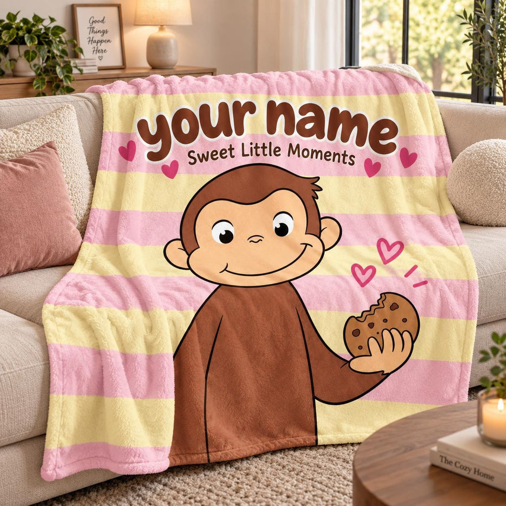 Personalized Curious George Fleece Blanket, Custom Name Monkey Throw, Kids Bedroom Decor