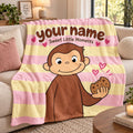 Personalized Curious George Fleece Blanket, Custom Name Monkey Throw, Kids Bedroom Decor