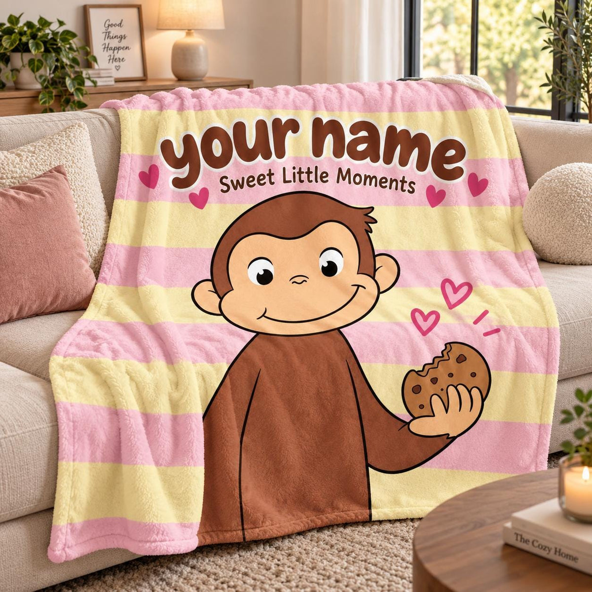 Personalized Curious George Fleece Blanket, Custom Name Monkey Throw, Kids Bedroom Decor