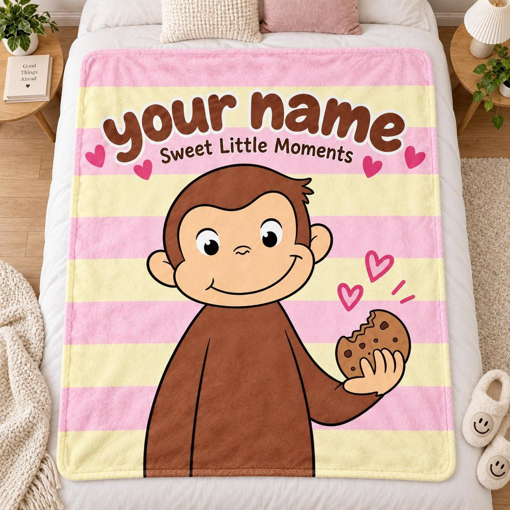 Personalized Curious George Fleece Blanket, Custom Name Monkey Throw, Kids Bedroom Decor