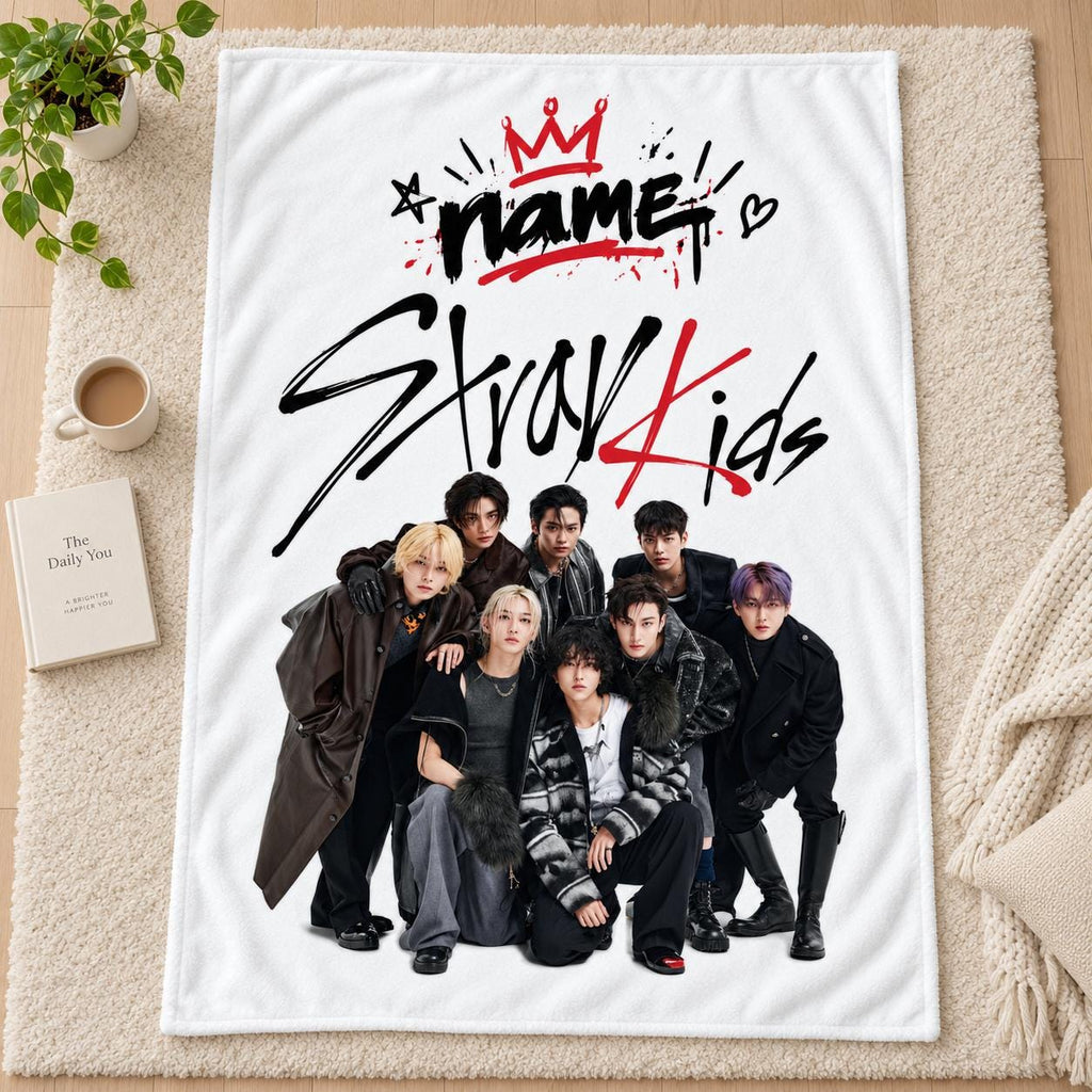 Personalized Stray Kids Fleece Blanket, Custom Name Kpop Fan Gift (Teen Room Decor)