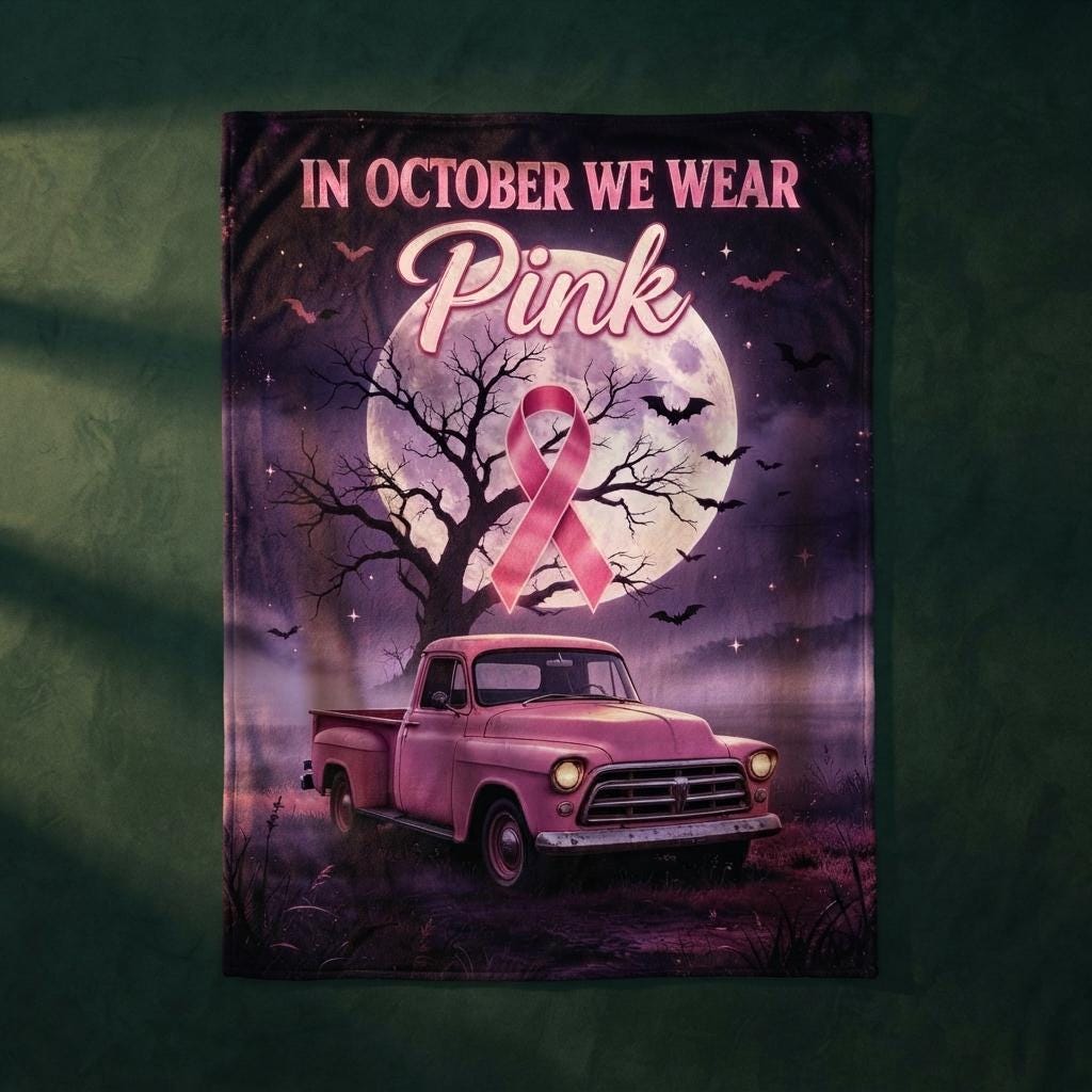 Pink Ribbon Blanket, Halloween Awareness Throw, Retro Truck Flannel, Spooky Cozy Decor, Gift for Survivor Her