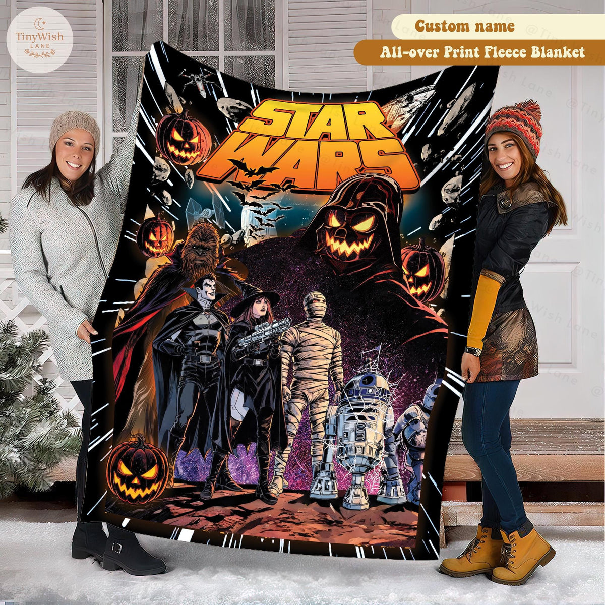 Personalized Star Wars Halloween Blanket, Custom Name Darth Vader Pumpkin Fleece Throw, Spooky Galaxy Character Blanket, Halloween Gift