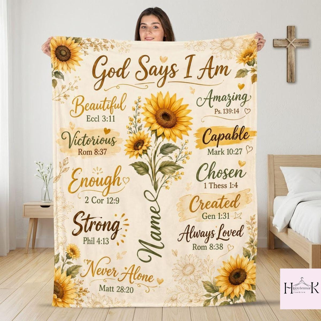 Personalized Christian Blanket, God Says I Am Sunflower Fleece Throw, Custom Name Bible Verse Gift for Women and Girls, Sunflower Decor