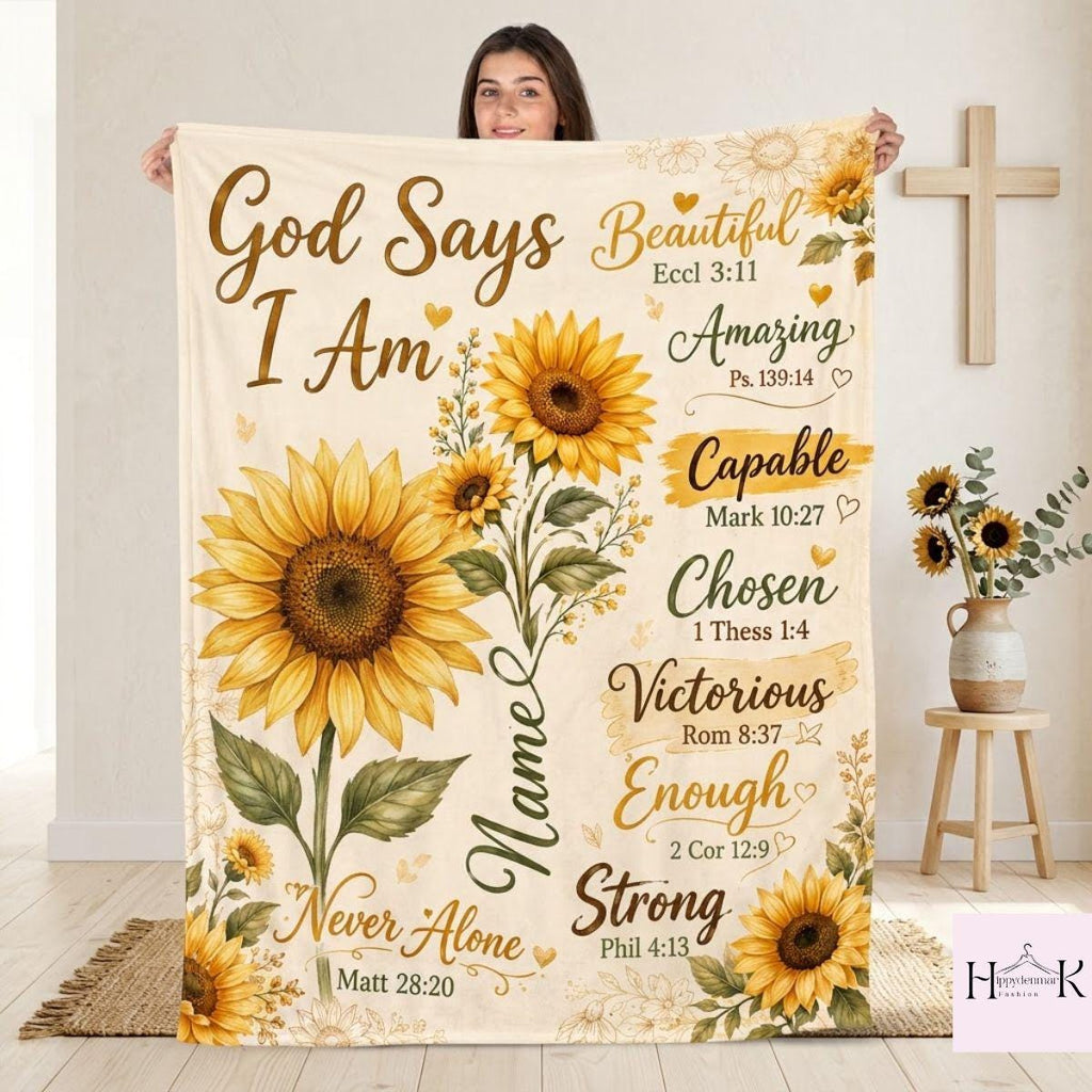 Personalized Christian Blanket, God Says I Am Sunflower Fleece Throw, Custom Name Bible Verse Gift for Women and Girls, Sunflower Decor