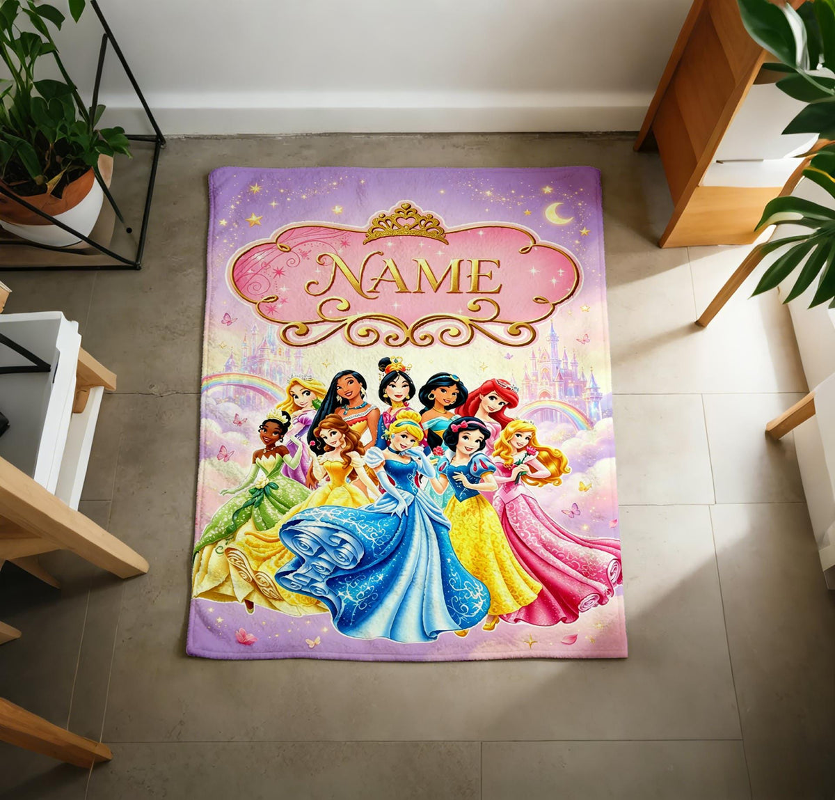 Floral Princess Crew Blanket Soft Throw, Custom Name Printed Cover For Little Girls