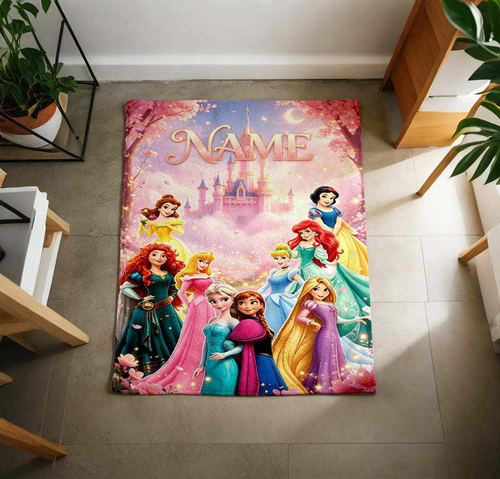 Disney Princess Rainbow Castle Blanket Soft Throw, Custom Name Printed Cover For Little Girls
