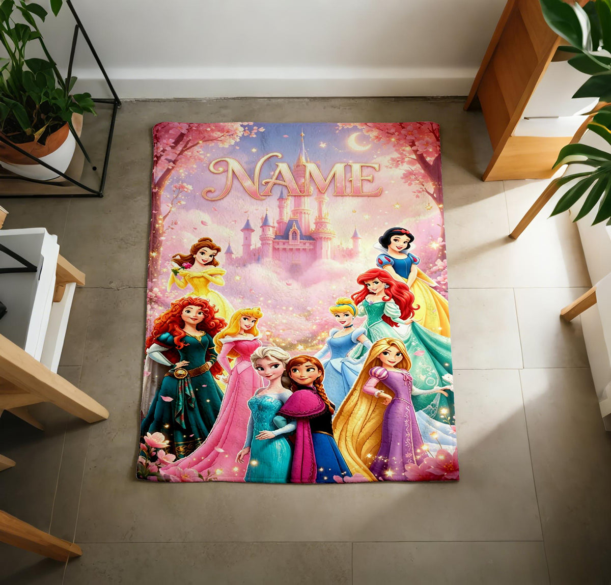 Disney Princess Rainbow Castle Blanket Soft Throw, Custom Name Printed Cover For Little Girls