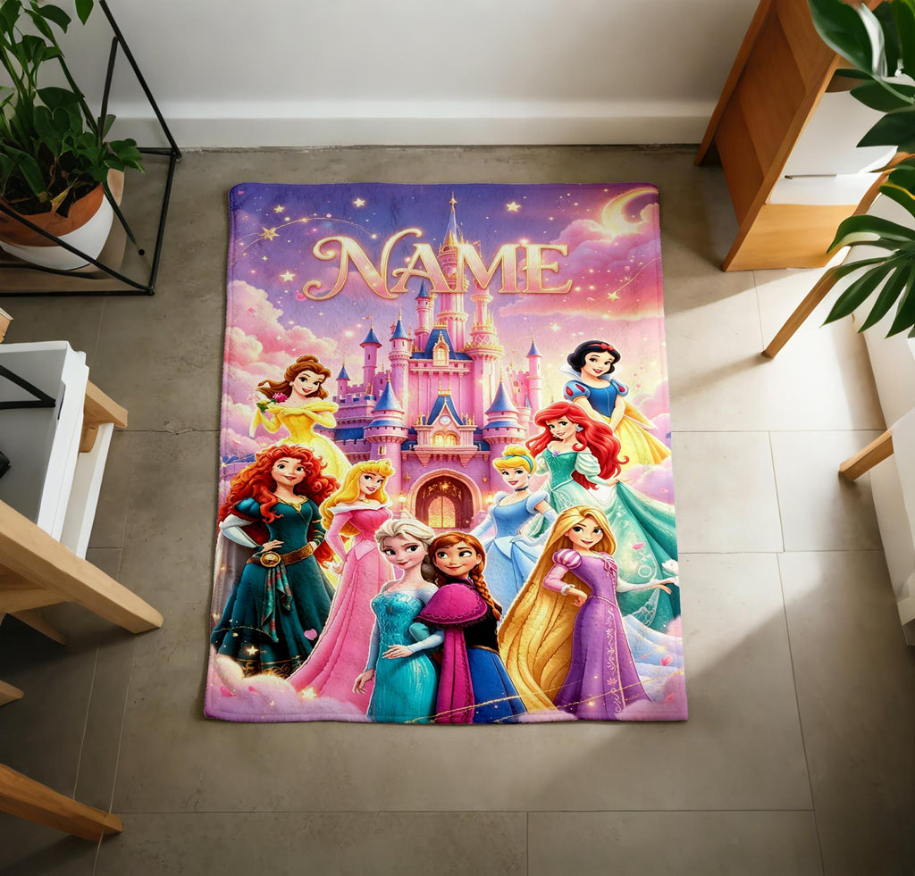 Disney Princess Rainbow Castle Blanket Soft Throw, Custom Name Printed Cover For Little Girls