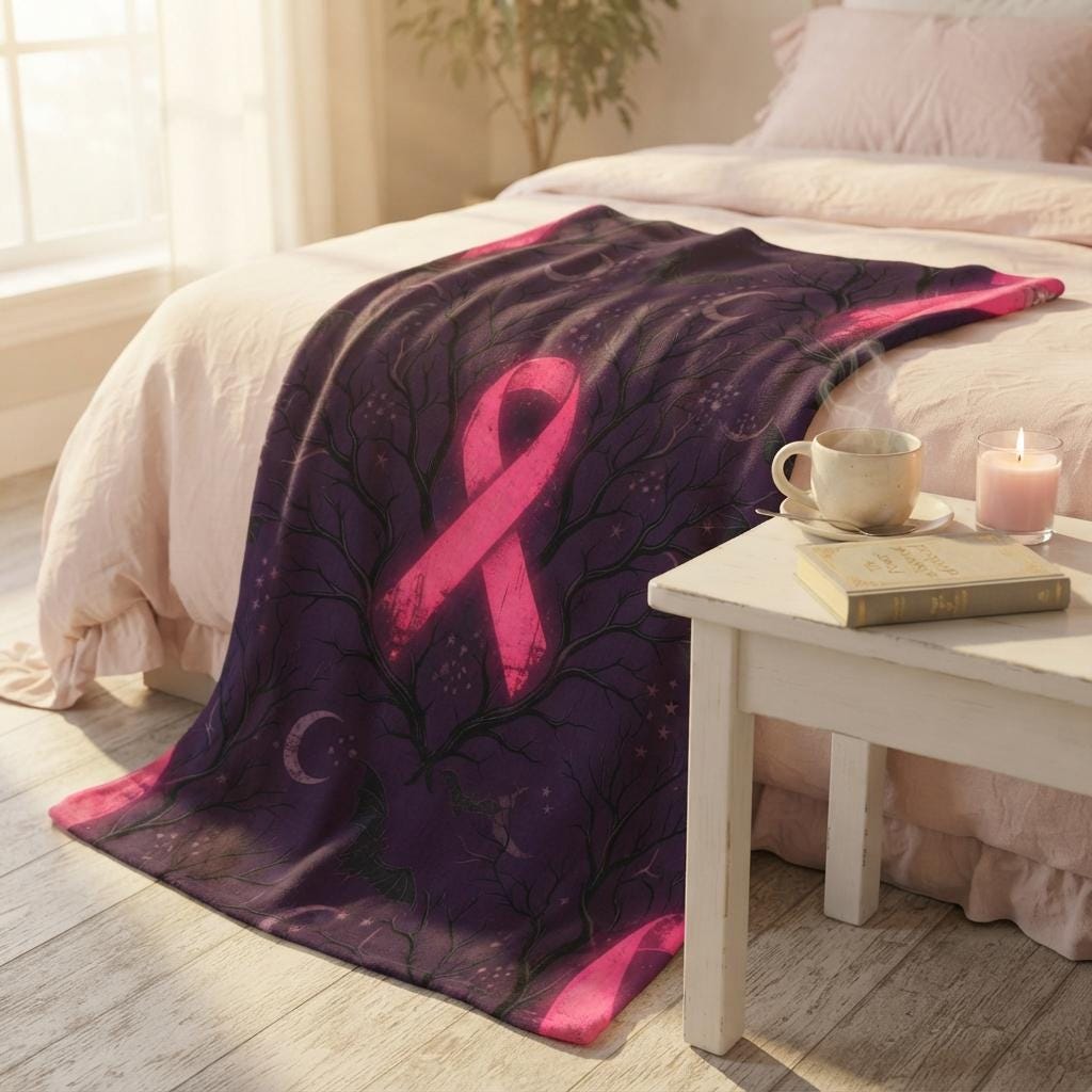 Gothic Pink Ribbon Blanket, Spooky Halloween Throw, Purple Bat Flannel, Breast Cancer Awareness Decor, Gift for Her