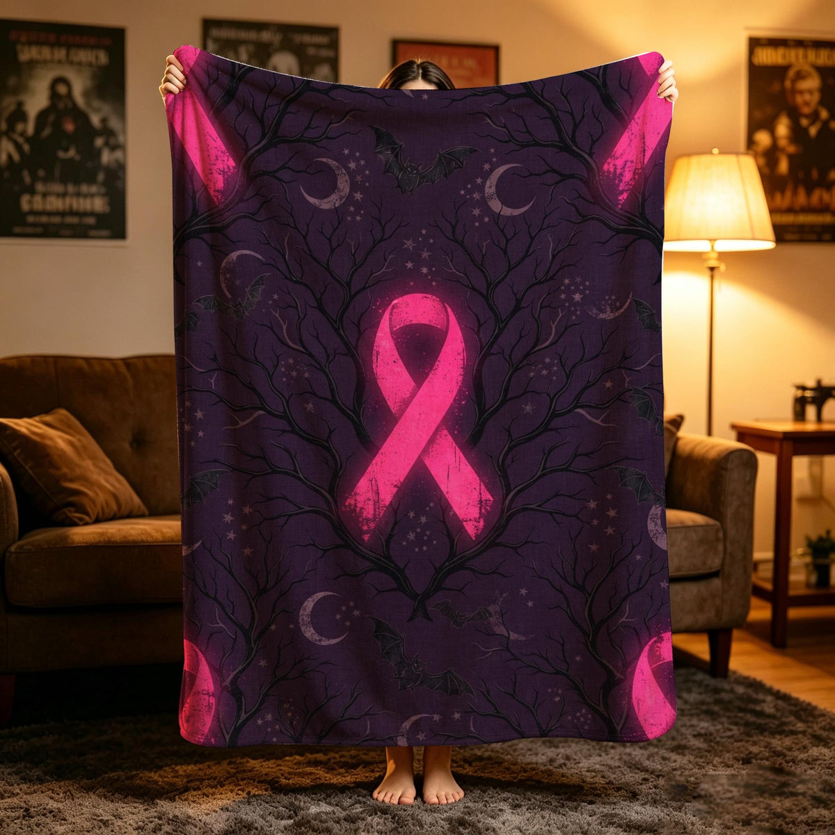 Gothic Pink Ribbon Blanket, Spooky Halloween Throw, Purple Bat Flannel, Breast Cancer Awareness Decor, Gift for Her