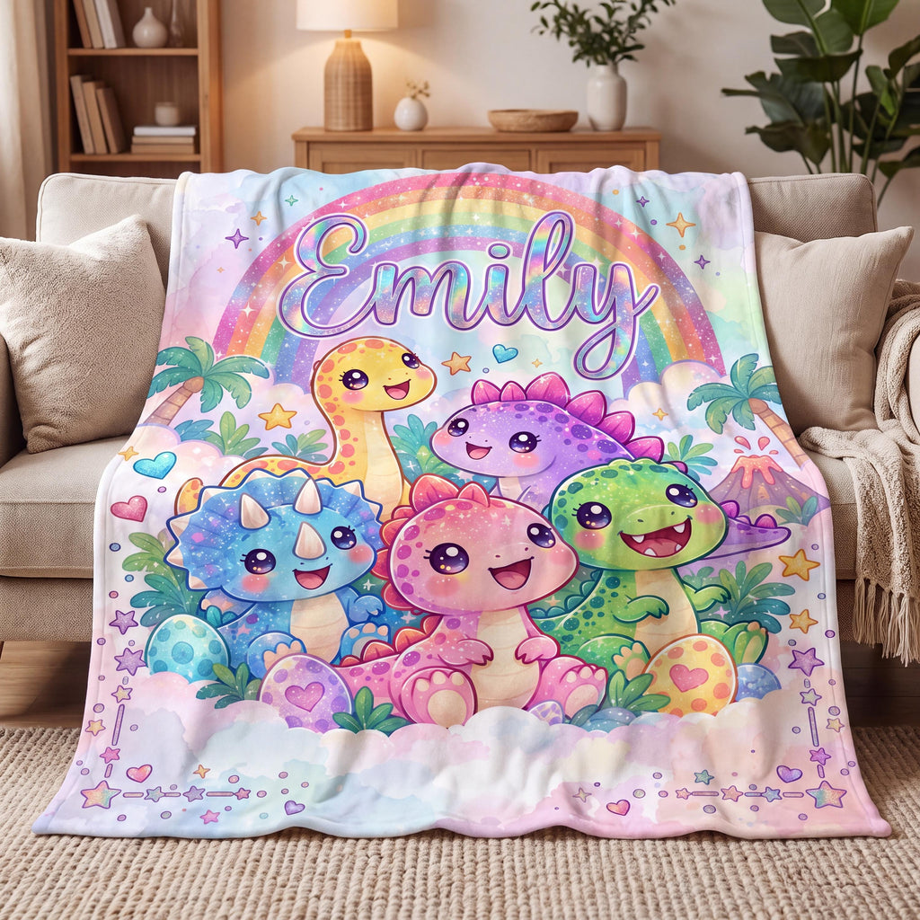 Watercolor Dinosaur Nursery Bedding, Personalized Pastel Dino Blanket for Kids, Rainbow Toddler Nap Throw, Baby Shower Gift for Boy Girl