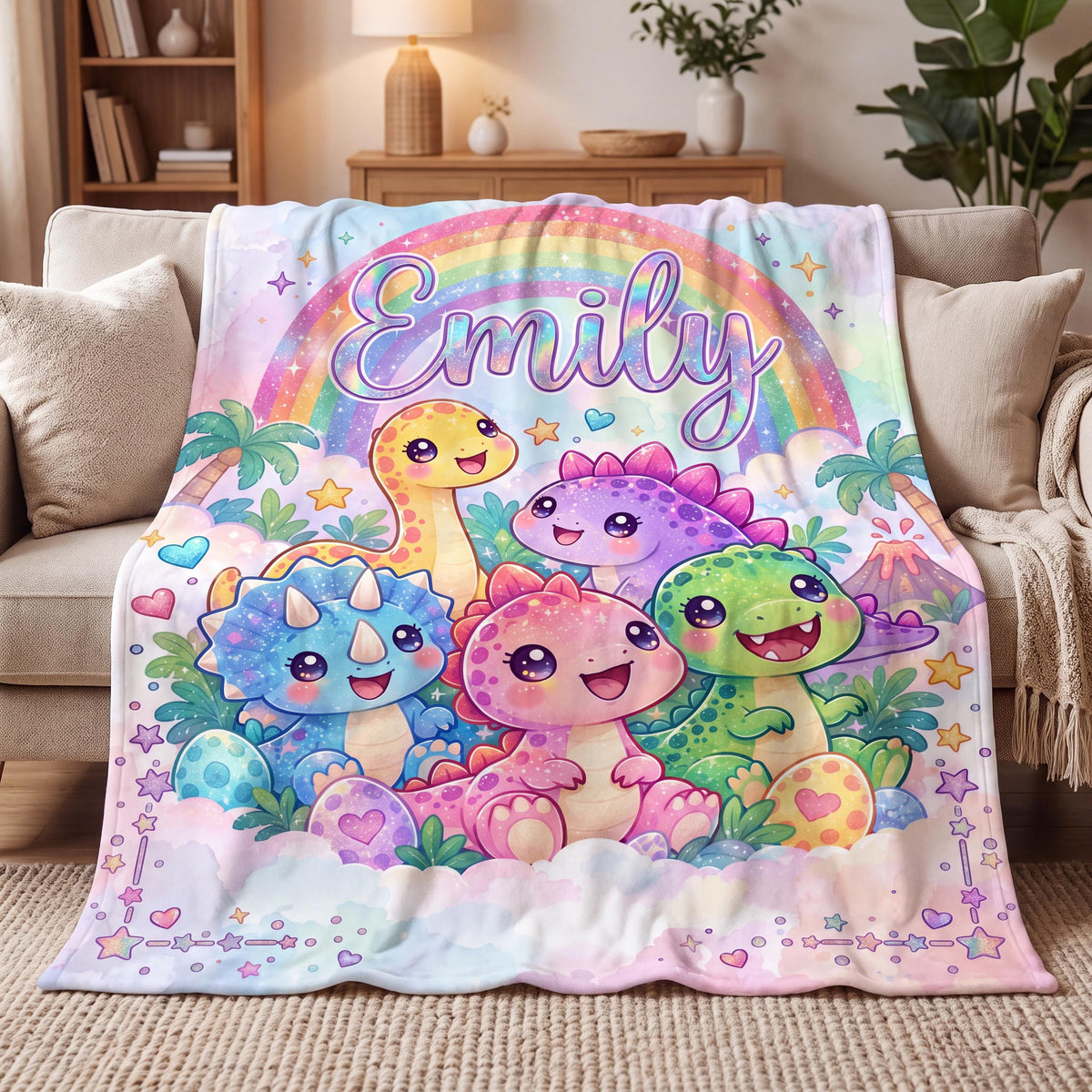 Watercolor Dinosaur Nursery Bedding, Personalized Pastel Dino Blanket for Kids, Rainbow Toddler Nap Throw, Baby Shower Gift for Boy Girl