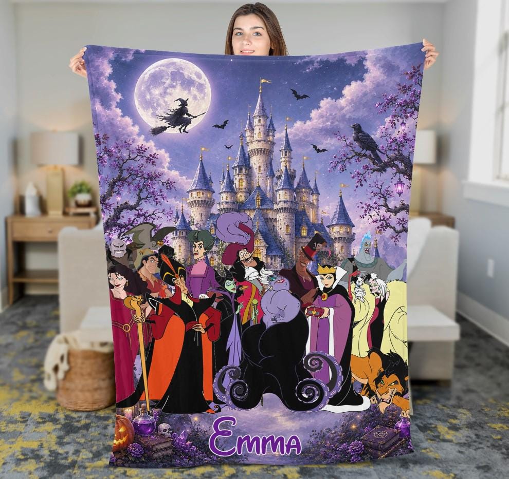 Personalized Disneyland Villains Fleece Blanket, Witch Maleficent Evil Queen Halloween Blanket Decor, Magic Kingdom Spooky Season Blanket