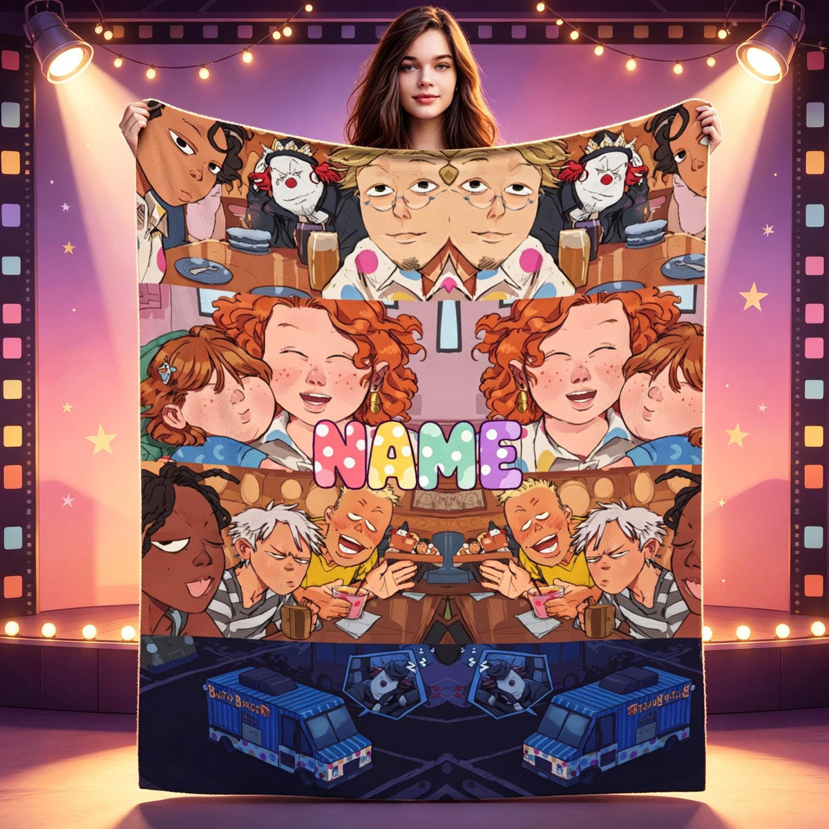 Personalized Retro Cartoon Blanket, Custom Name Flannel Throw, Food Truck Cartoon Blanket, Cozy Funny Gift for Teens and Animation Fans
