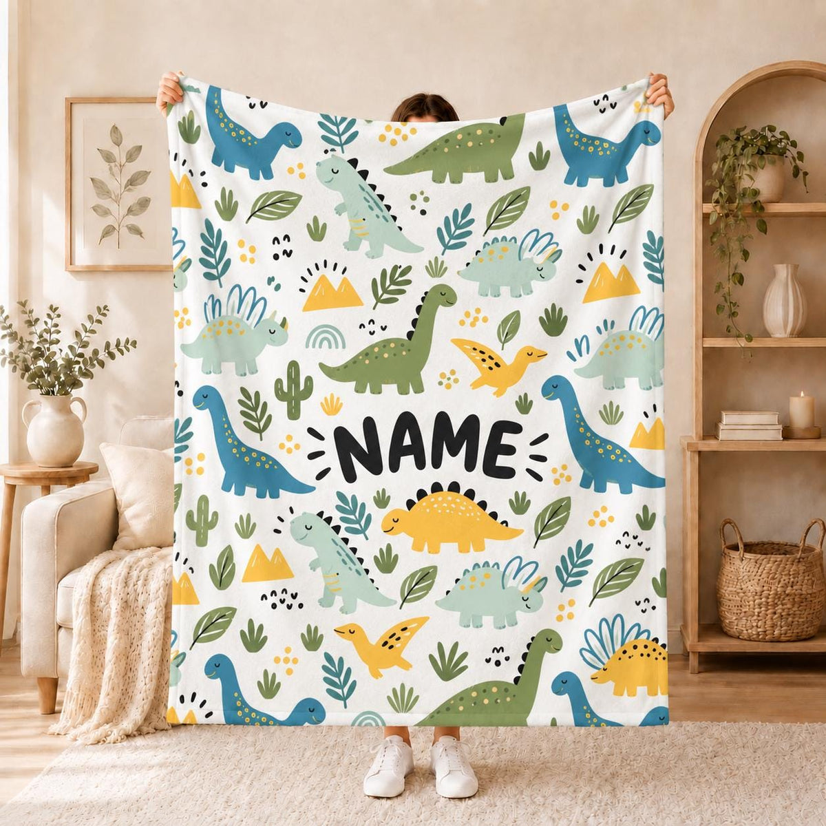 Kids Dinosaur Custom Name Blanket Soft Throw, Prehistoric Cartoon Seamless Print
