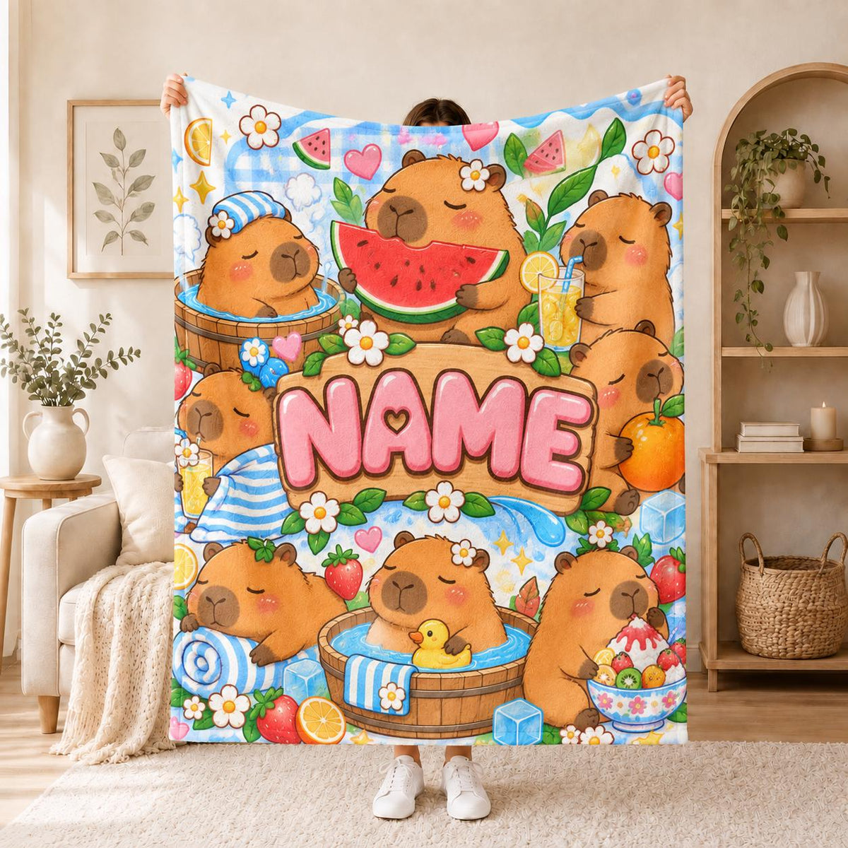 Capybara Custom NAME Blanket Soft Throw, Cartoon Rodent Printed Custom Home Textile