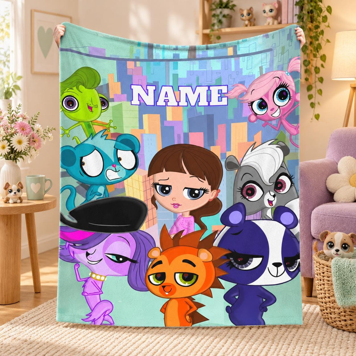 Littlest Pet Shop Blanket Personalized Name, LPS Fleece Blanket Custom Kids Gift, Cute Pet Characters Throw Blanket, Birthday Gift for Fans