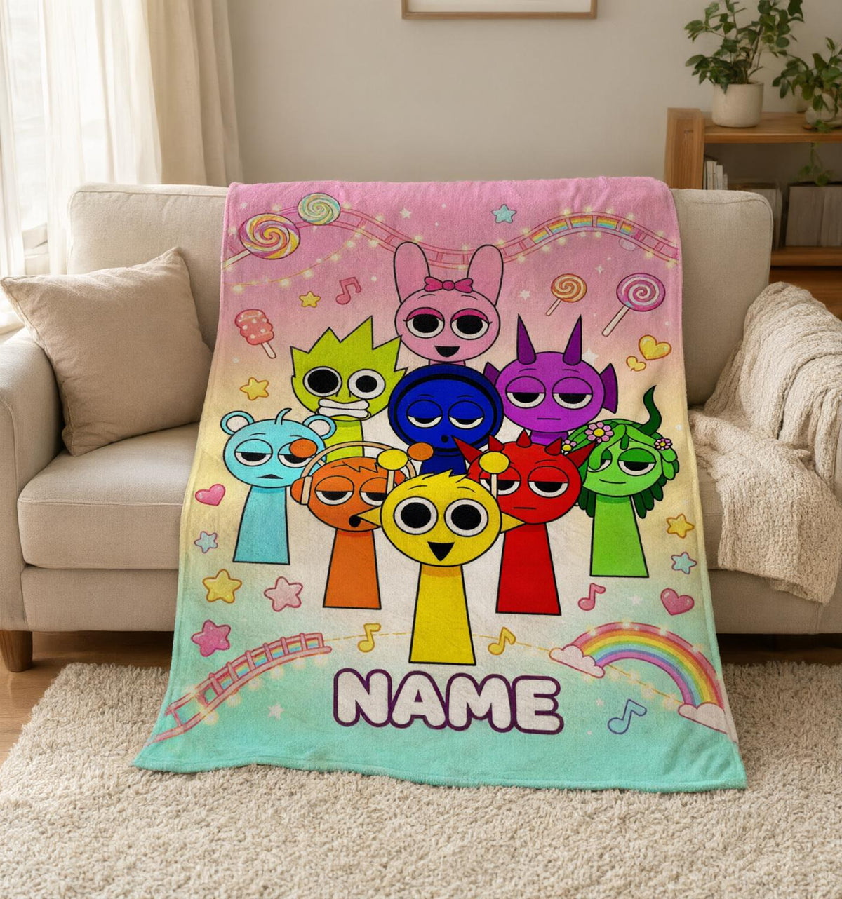 Personalized Sprunki Blanket Soft Throw Custom Name Kids Birthday Gift