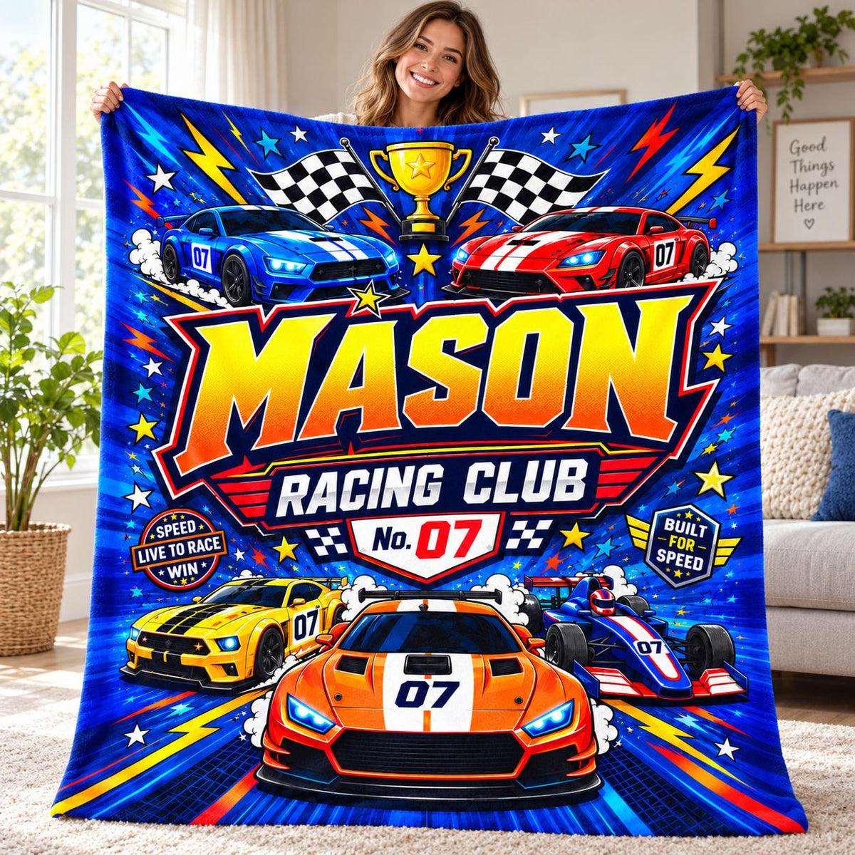 Personalized Racing Blanket for Boys, Custom Name Race Car Gift